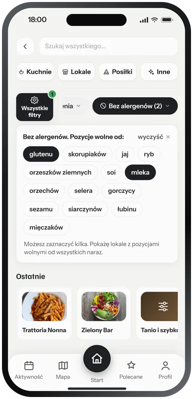 Ekran Szukaj w aplikacji Restauri: filtr Bez alergenów z czternastoma alergenami, zaznaczone gluten i mleko