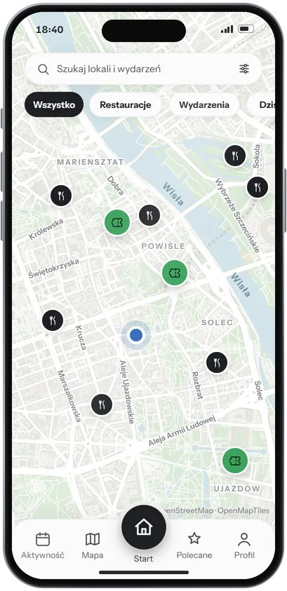 Ekran Mapa w aplikacji Restauri: pinezki lokali i wydarzeń na mapie Warszawy, wyszukiwarka i filtry Wszystko, Restauracje i Wydarzenia