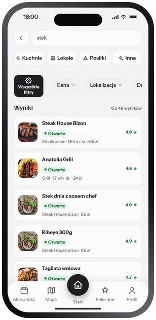 Ekran Szukaj w aplikacji Restauri: wpisane „stek”, w wynikach dwa lokale i dania z nazwą lokalu, ceną i oceną