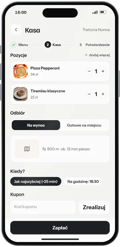 Kasa w aplikacji: odbiór na wynos albo gotowe na miejscu, jak najszybciej albo na godzinę