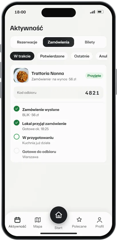 Aktywność: zamówienie przyjęte, kod odbioru 4821