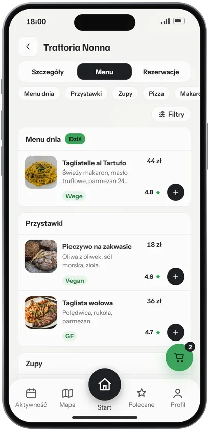 Menu Trattorii Nonna z tagami Wege, Vegan i GF przy pozycjach