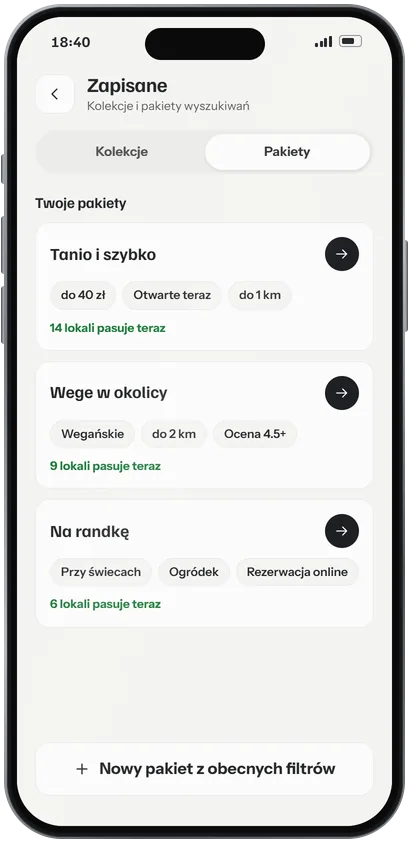 Zapisane pakiety filtrów: Tanio i szybko, Wege w okolicy, Na randkę