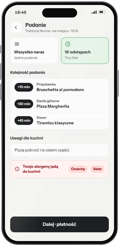 Ekran Podanie: trzy fale co 15, 30 i 45 minut, uwagi i alergeny dla kuchni