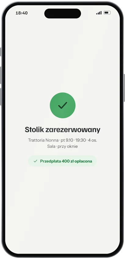 Potwierdzenie: stolik zarezerwowany w Trattorii Nonna na piątek 9.10 o 19:30 dla 4 osób, sala przy oknie, przedpłata 400 zł opłacona