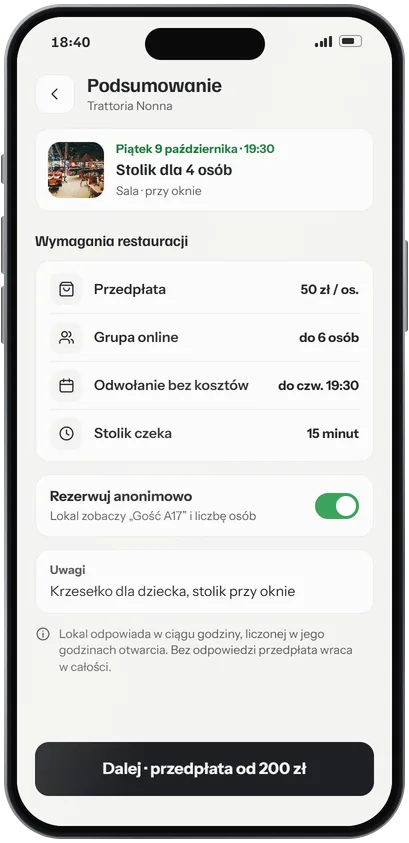 Podsumowanie rezerwacji: wymagania restauracji, rezerwacja anonimowa i uwagi