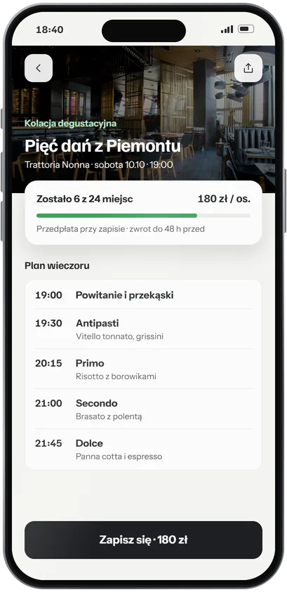 Ekran wydarzenia: kolacja degustacyjna, plan wieczoru i liczba wolnych miejsc