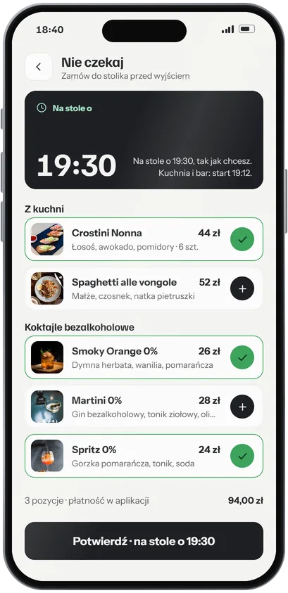Ekran Nie czekaj w aplikacji Restauri: zamówienie na stole o 19:30, crostini, spaghetti i koktajle bezalkoholowe