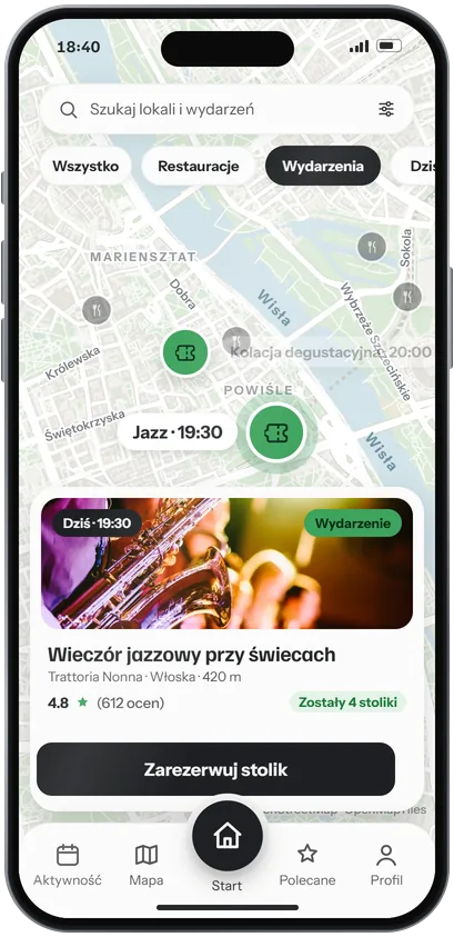 Ekran Mapa w aplikacji Restauri: filtr Wydarzenia, pinezki lokali na mapie Warszawy i karta wieczoru jazzowego w Trattorii Nonna
