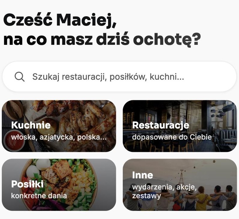 Ekran startowy Restauri: kafelki Kuchnie, Restauracje, Posiłki, Inne