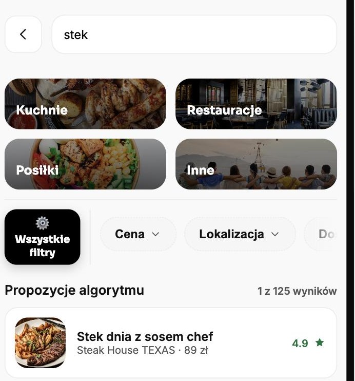 Wyszukiwanie frazy stek: wynik to konkretne danie z&nbsp;lokalem, ceną i&nbsp;oceną