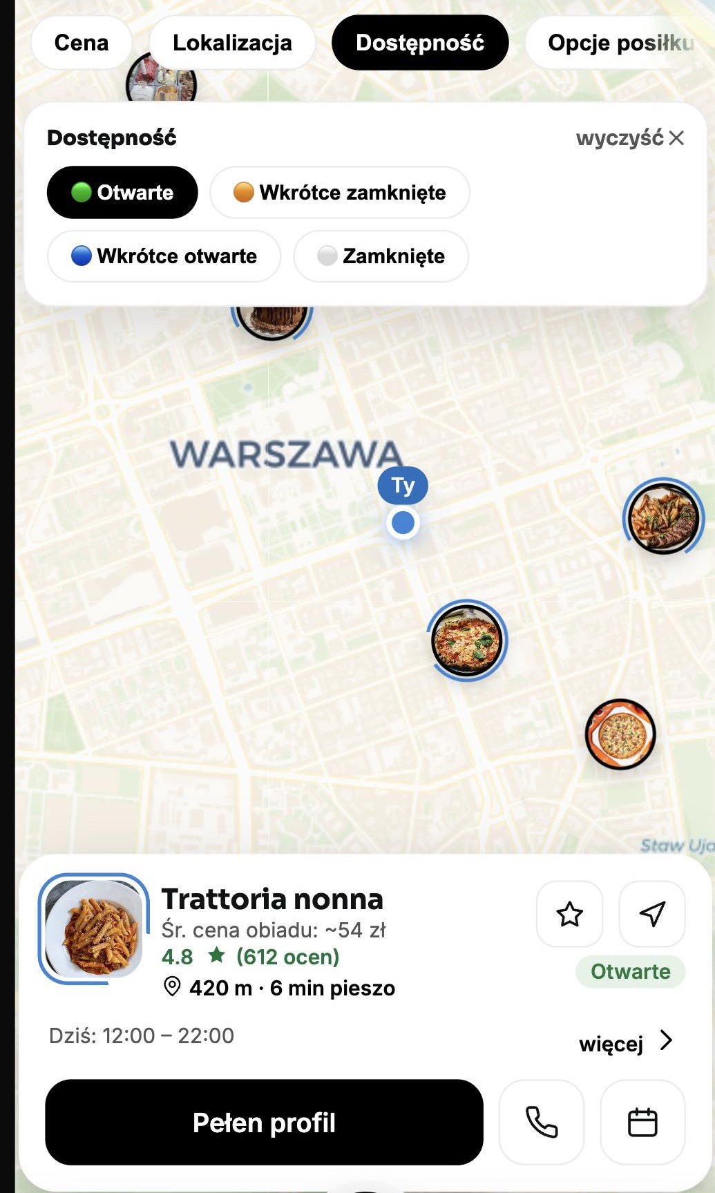 Mapa z&nbsp;filtrem dostępności i&nbsp;otwartym mini-profilem lokalu Trattoria nonna