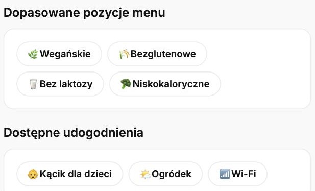 Sekcje Dopasowane pozycje menu i&nbsp;Dostępne udogodnienia na profilu lokalu