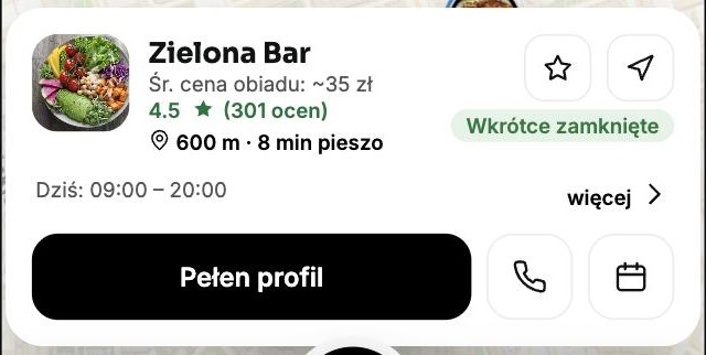 Mini profil lokalu na mapie z&nbsp;godzinami otwarcia i&nbsp;statusem