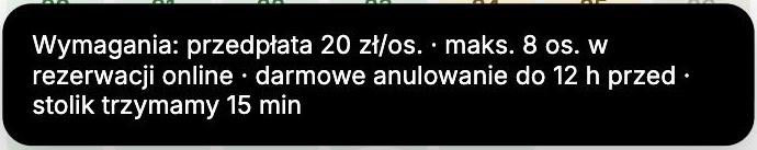 Komunikat z wymaganiami restauracji: przedpłata, limit osób, próg darmowego anulowania