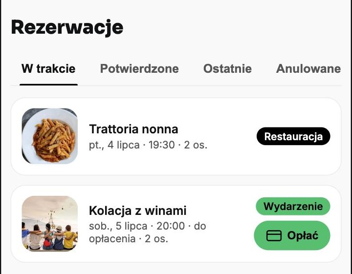 Ekran Rezerwacje z zakładkami W trakcie, Potwierdzone, Ostatnie, Anulowane