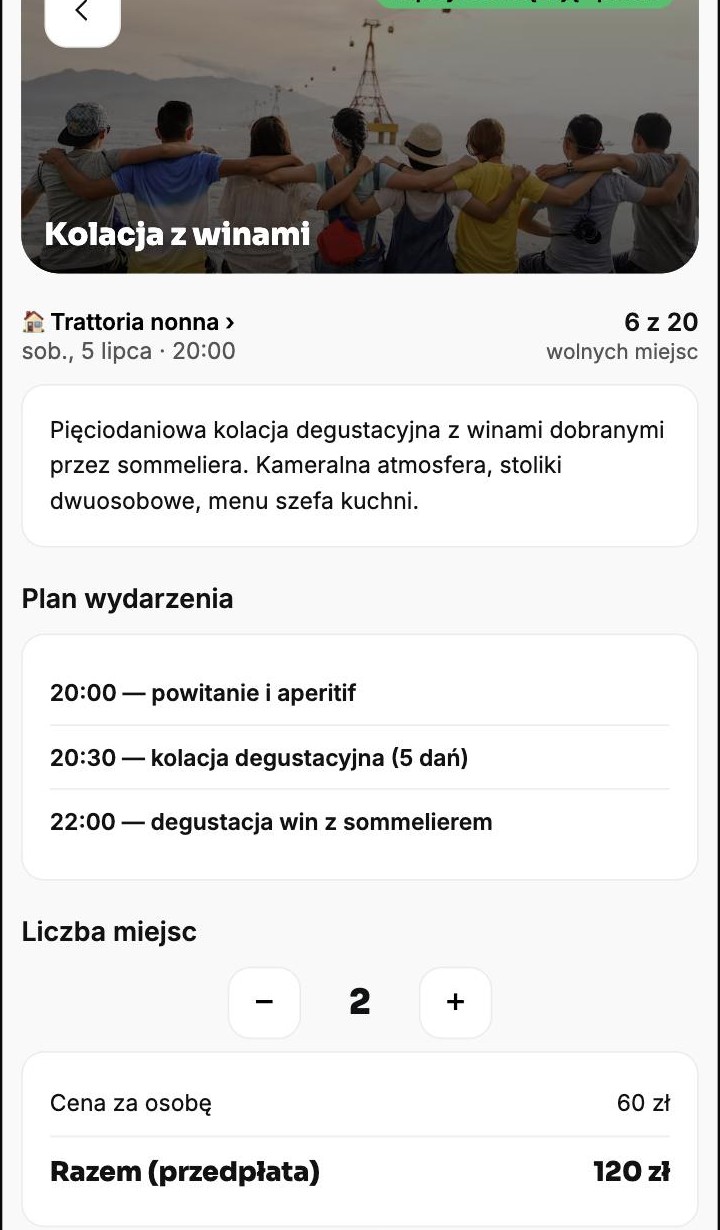 Ekran wydarzenia z planem godzinowym i liczbą wolnych miejsc