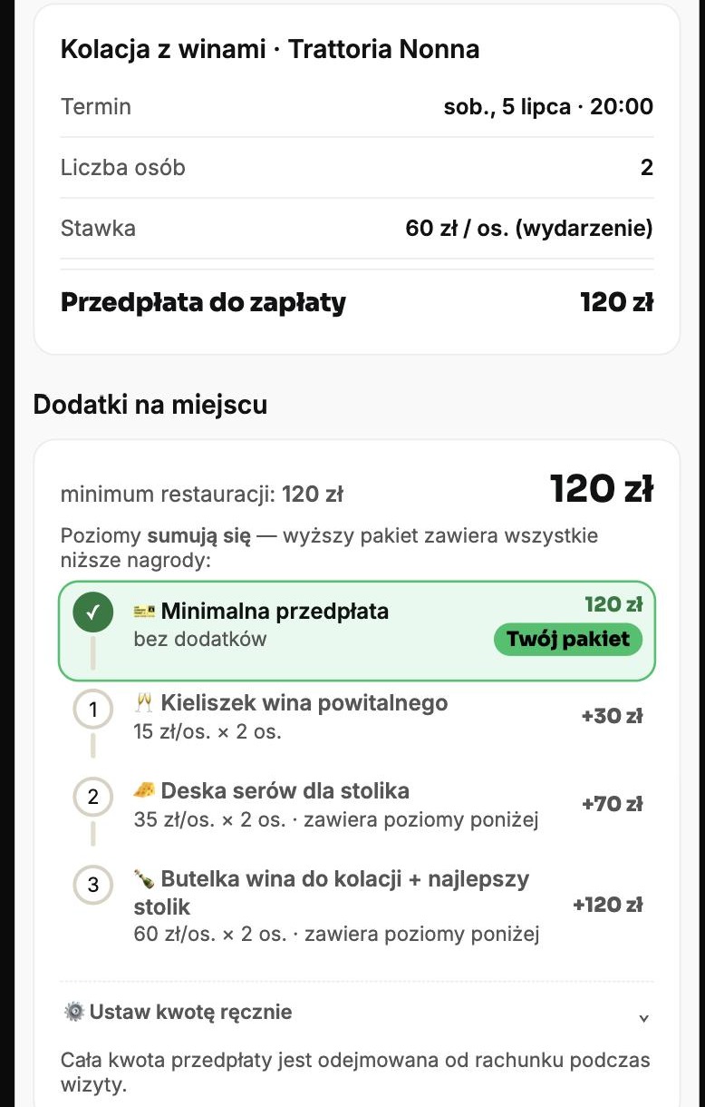 Ekran przedpłaty w aplikacji gościa z progami dodatków ustawionymi przez lokal